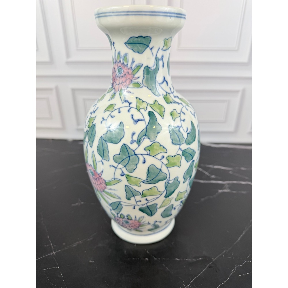 VTG Chinoiserie Chinese Import Lotus Flower Blue Green Pink Baluster Vase 10"